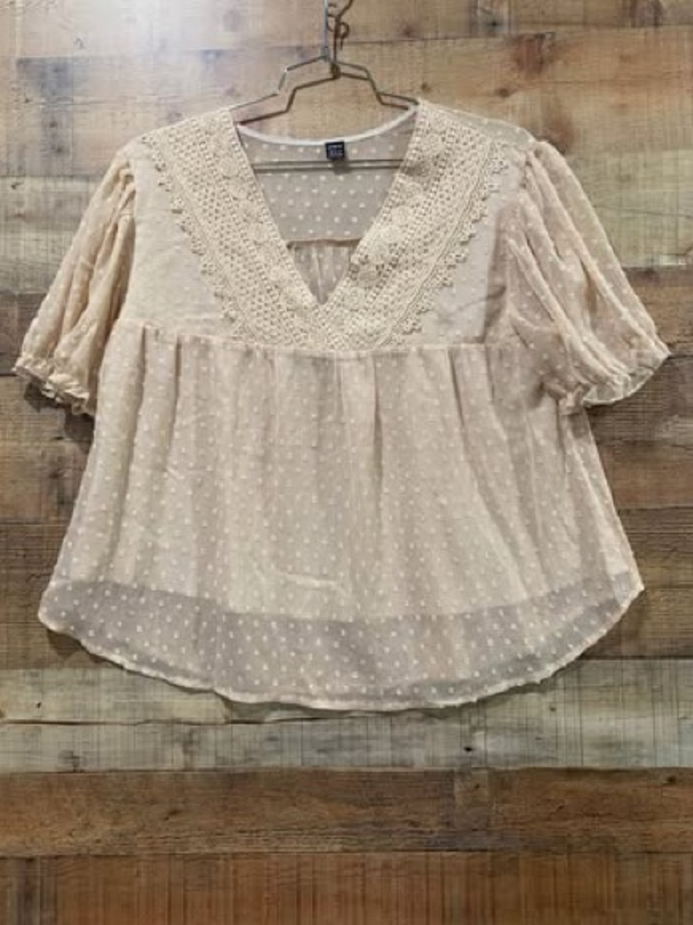 Boho Cream Crochet Lace V‑Neck Dotted Swiss Peasant Blouse Size XL